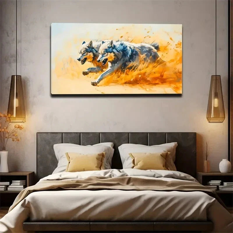 Running Wolf Suitable Wall Art Canvas Office Home Room Framed 120x60cm