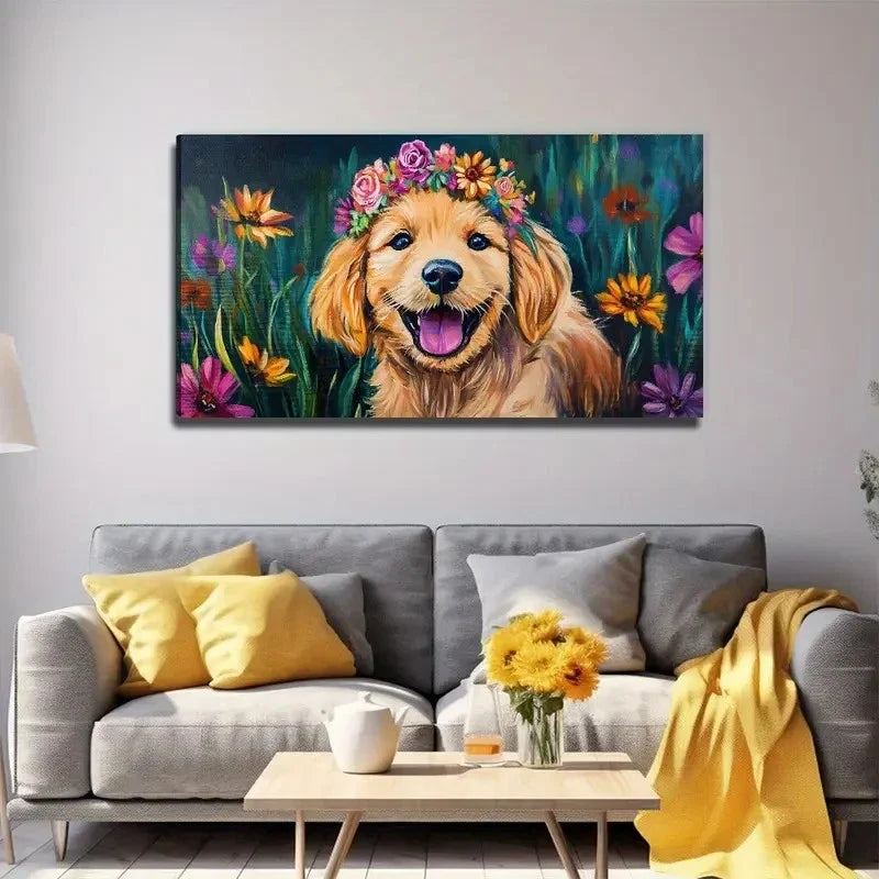 Dog With Wreath Suitable Wall Art Canvas Office Home Room Framed 120x60cm