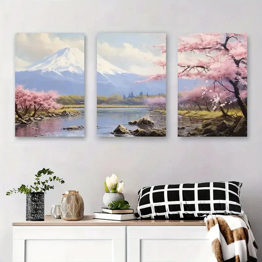 3pcs Scenic Mountain Landscape with Cherry Metal Print Ready to Hang Art