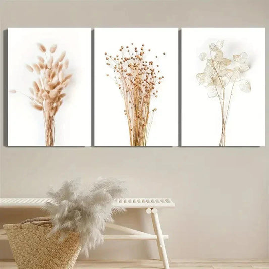 3pcs Botanical Dried Flower Paintings Reeds &Leave Metal Print Ready to Hang Art