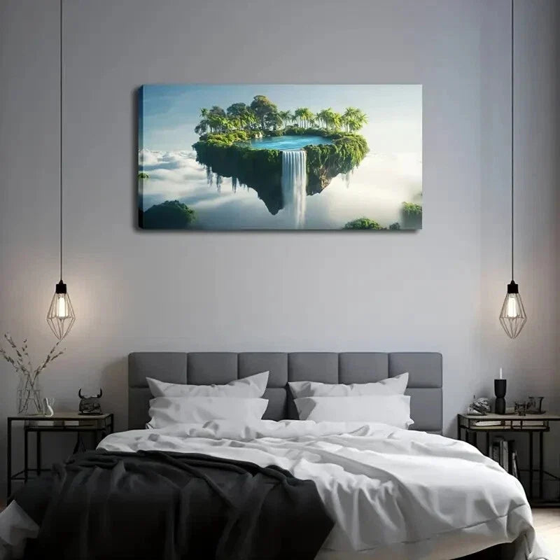 Floating Island Watercolor Wall Art Canvas Office Home Room Framed 120x60cm