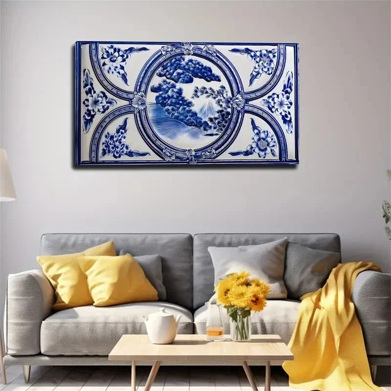 Blue And White Porcelain Wall Art Canvas Office Home Room Framed 80x45cm