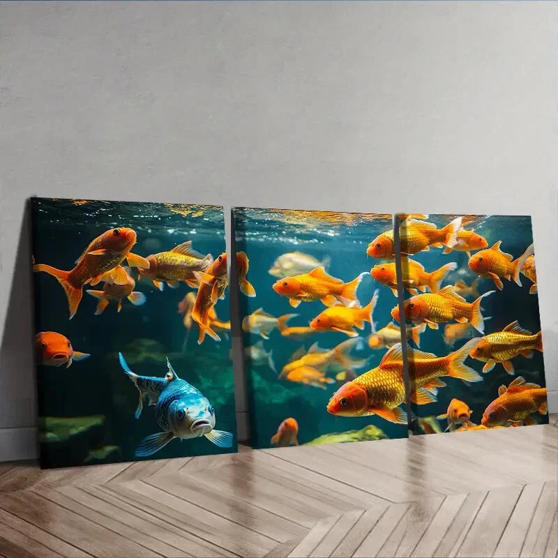 3pcs Featuring Goldfish in an Aquarium Wall Art Set Canvas Framed 40x60cm - High Quality Print 100% Australian Made Wall Canvas Ready to Hang