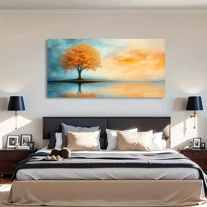 Golden Tree Calm Reflections Wall Art Canvas Office Home Room Framed 120x60cm