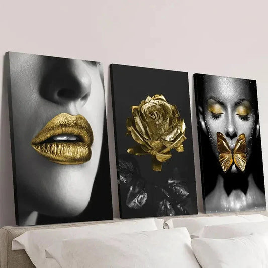 3pcs  woman with Golden lipstick girl with Gold Wall Art Set Canvas Framed 40x60cm - High Quality Print 100% Australian Made Wall Canvas Ready to Hang