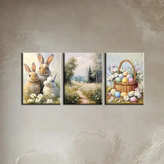 3pcs Spring Bunny & Easter Basket Metal Print Ready to Hang Art