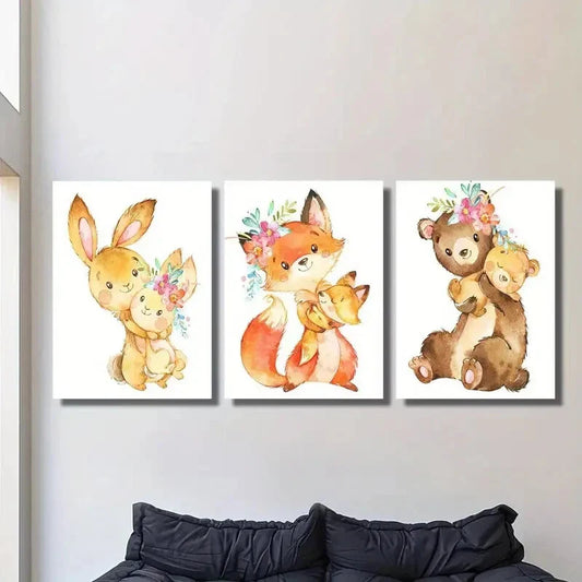 3pcs Cartoon Bunny, Baby Fox & Bear, Metal Print Ready to Hang Art
