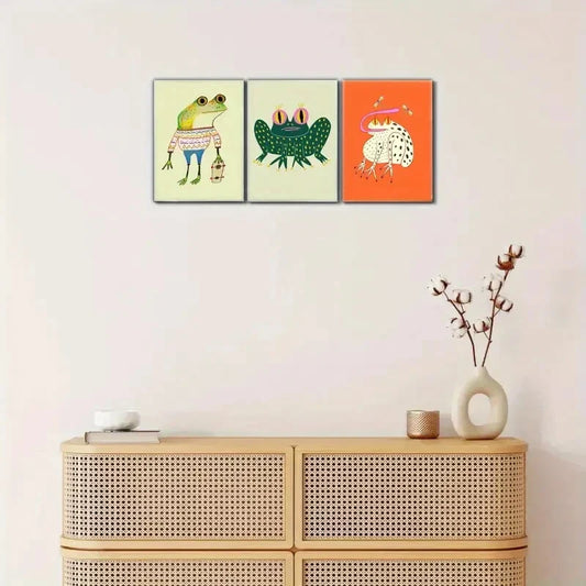 3pcs Abstract Frog Artwork in Blue Green & Yellow Metal Print Ready to Hang Art