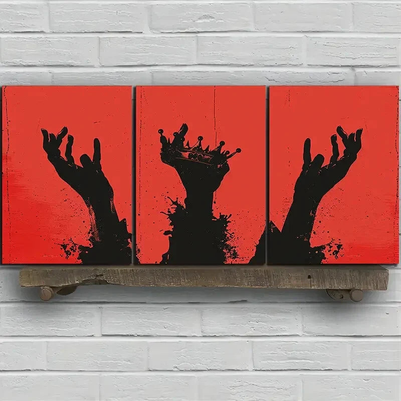 3pcs Crown Hand Red & Black Knuckle Metal Print Ready to Hang Art