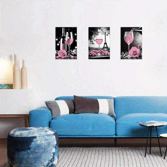 3pcs Black and White with Pink Wine Rose Metal Print Ready to Hang Art
