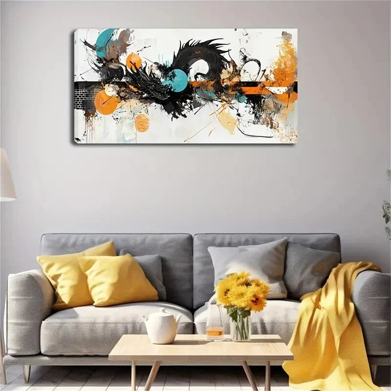 Black Dragon Turquoise Circular Wall Art Canvas Office Home Room Framed 120x60cm