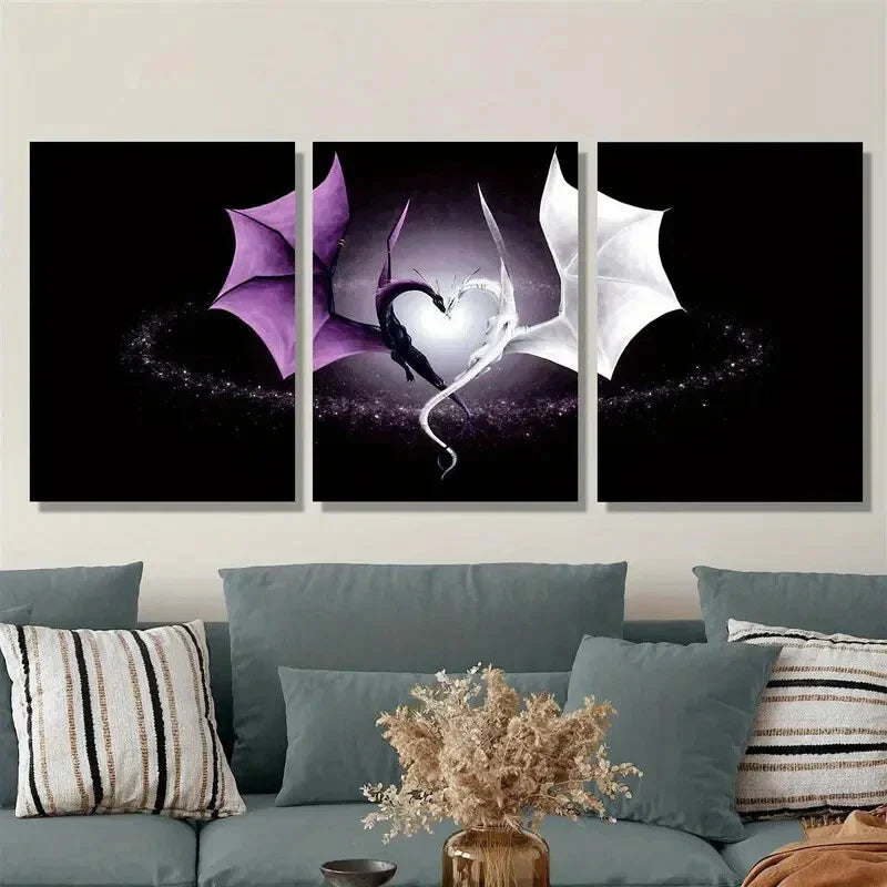 3pcs beautiful love purple and white dragon, Metal Print Ready to Hang Art