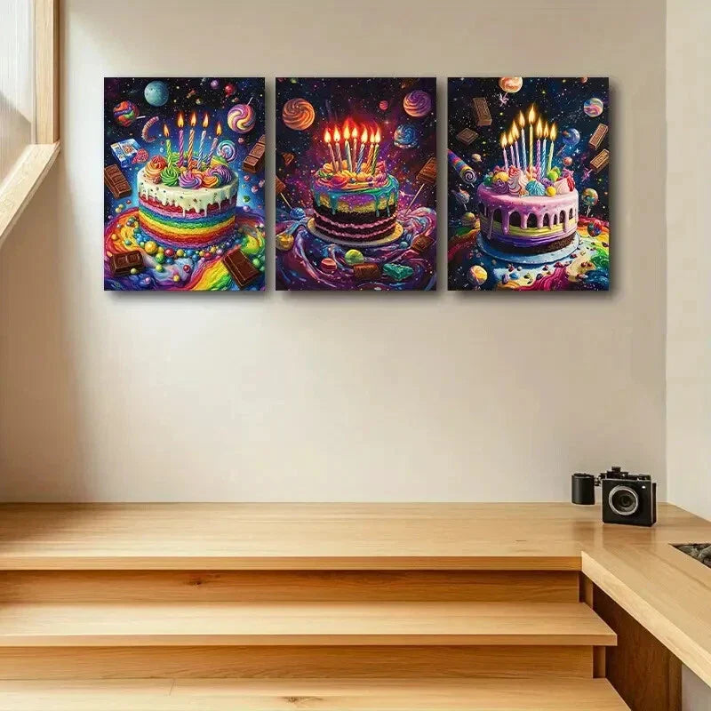 3pcs Colorful Birthday Cake with Candles Design Metal Print Ready to Hang Art