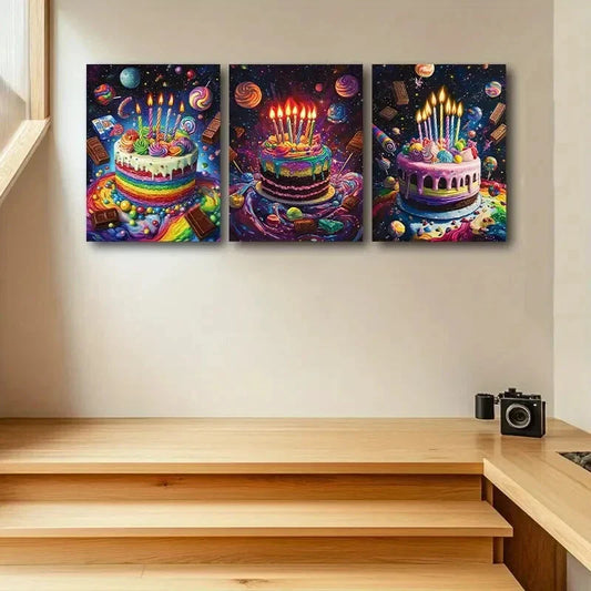 3pcs Colorful Birthday Cake with Candles Design Metal Print Ready to Hang Art