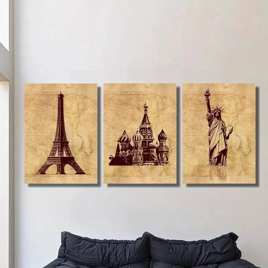 3pcs vintage Eiffel Tower, Saint Basil's Cathedral Metal Print Ready to Hang Art