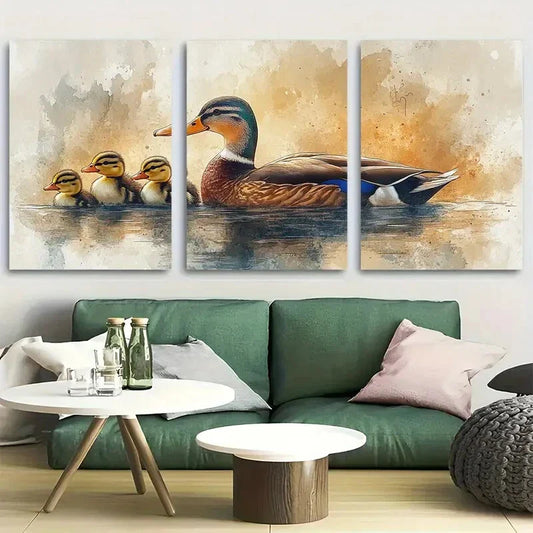 3pcs Watercolor Duck And Baby Ducklings Metal Print Ready to Hang Art