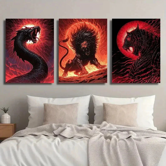 3pcs Vibrant Fire Snake Lion and Cheetah Jungle Metal Print Ready to Hang Art