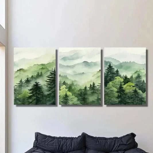 3pcs Green Forest Nature Misty Pine Trees Metal Print Ready to Hang Art