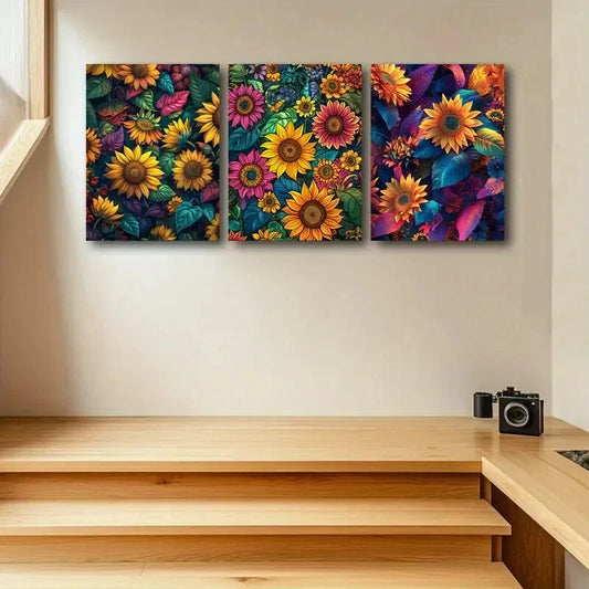 3pcs Vibrant Sunflower Design Metal Print Ready to Hang Art