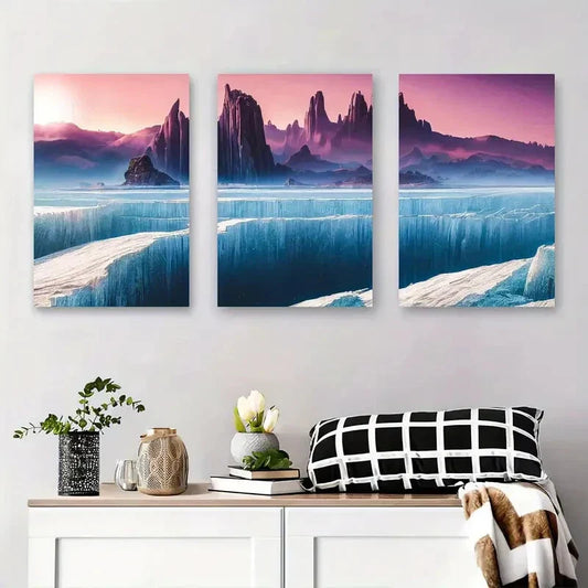 3pcs Futuristic Ice Mountains & Frozen Peaks Metal Print Ready to Hang Art