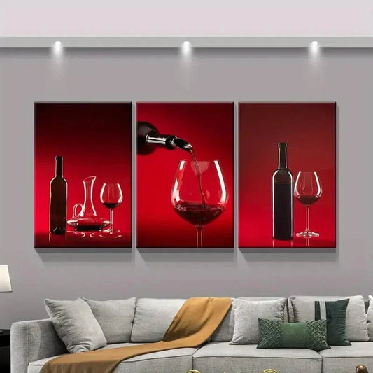 3pcs Red Wine and Glass Painting Metal Print Ready to Hang Art