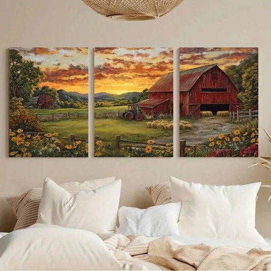 3pcs Red Barn & Tractor, Sunset Sky Farmhouse Metal Print Ready to Hang Art