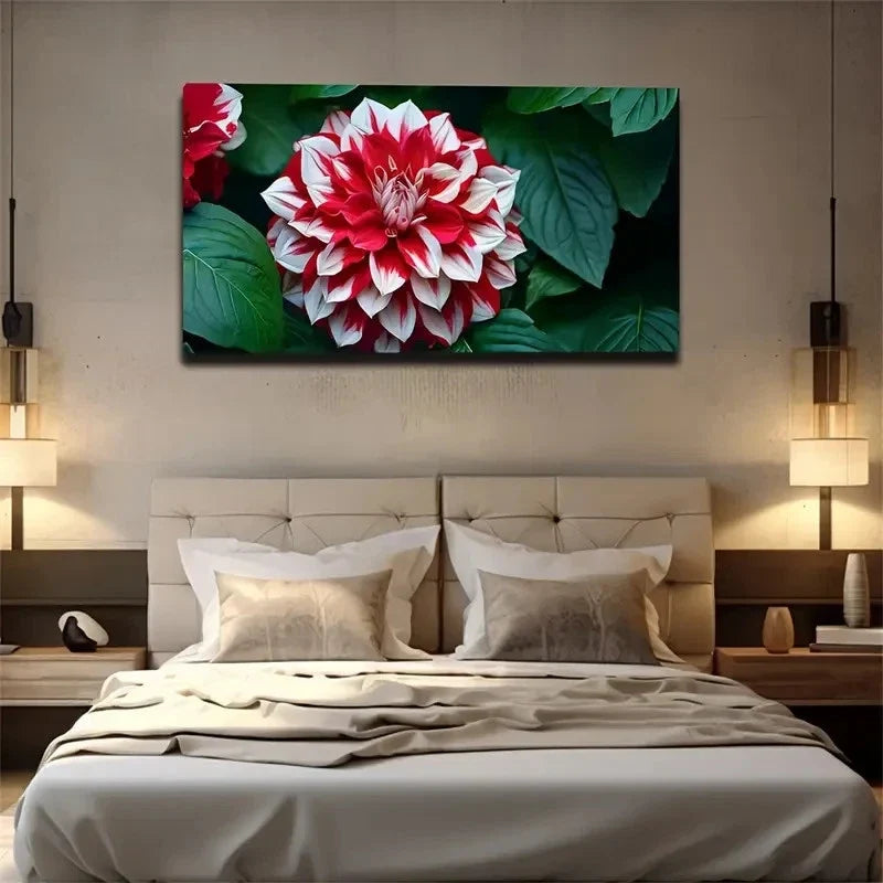 Dahlia Flower Print In Red Wall Art Canvas Office Home Room Framed 80x45cm