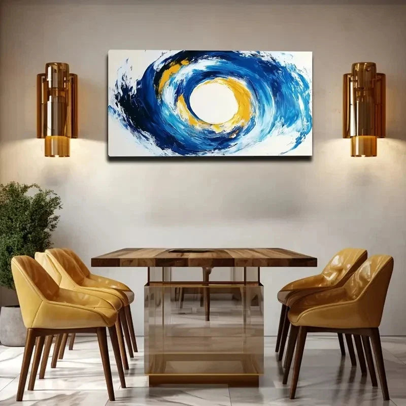 Vibrant Blue & Golden Swirls Wall Art canvas office home room framed 120x60cm