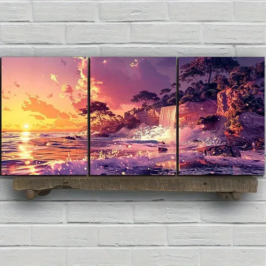 3pcs Sea Waterfall Sunset Clouds Modern Metal Print Ready to Hang Art
