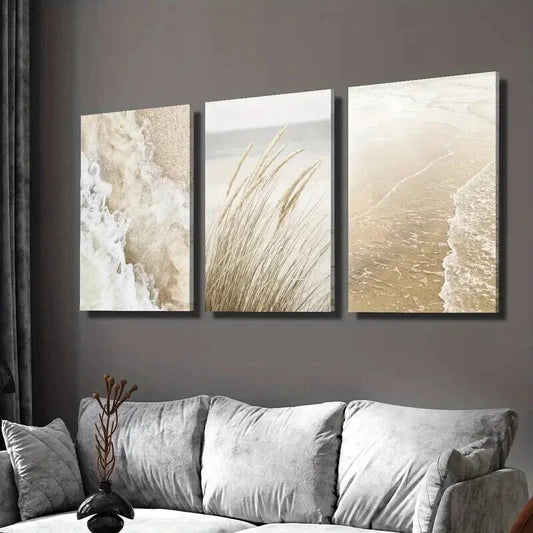 3pcs Seaside Plant Painting Beige Wavy Style Wall Art Set Canvas Framed 40x60cm - High Quality Print 100% Australian Made Wall Canvas Ready to Hang