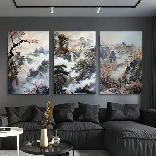 3pcs Chinese Landscape Paintings Metal Print Ready to Hang Art