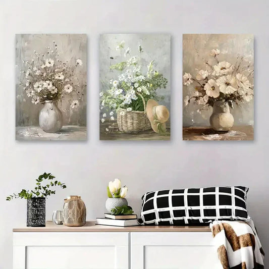 3pcs Elegant Flower Vase Vintage Metal Print Ready to Hang Art