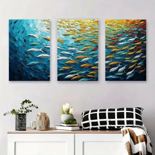 3pcs Vibrant School of Fish Colorful Underwater Metal Print Ready to Hang Art