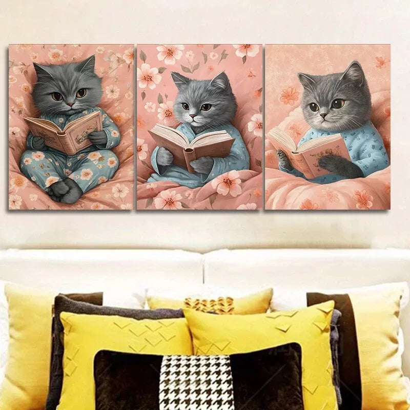 3pcs Featuring A Cat Reading  Wall Art Set Canvas Framed 40x60cm - High Quality Print 100% Australian Made Wall Canvas Ready to Hang