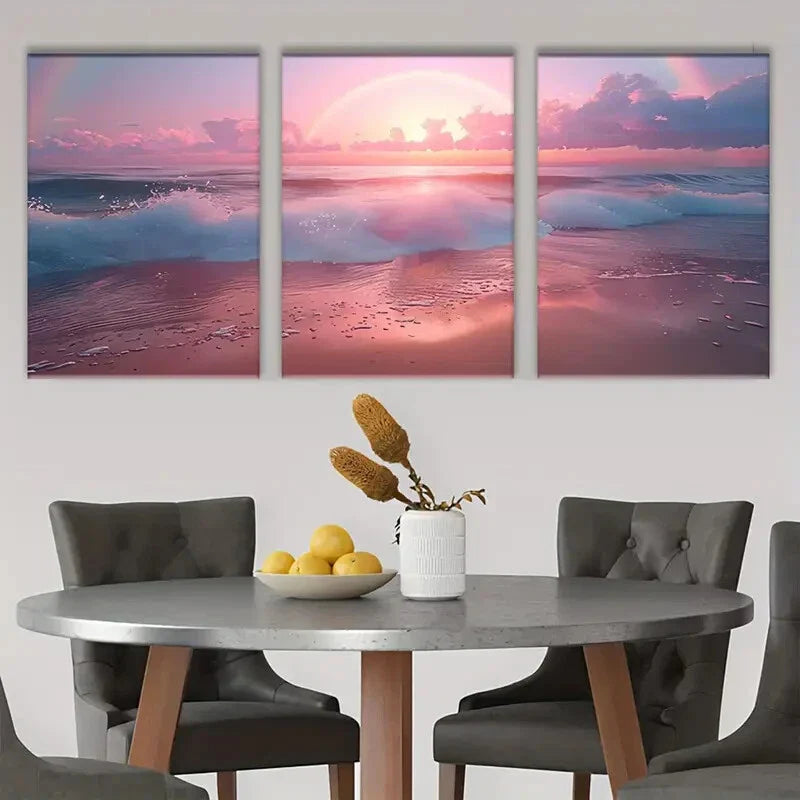 3pcs Sunset Waves and Soft Rainbow Sky Metal Print Ready to Hang Art