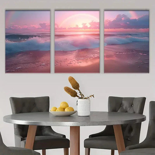 3pcs Sunset Waves and Soft Rainbow Sky Metal Print Ready to Hang Art