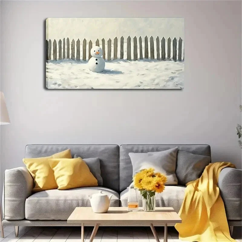 Snowman & Pine Tree Design Wall Art Canvas Office Home Room Framed 120x60cm