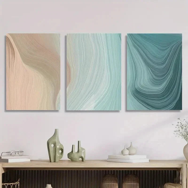 3pcs Swirling Brown & Turquoise Lines Wall Art Set Canvas Framed 40x60cm - High Quality Print 100% Australian Made Wall Canvas Ready to Hang