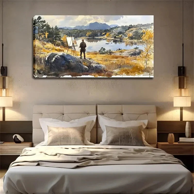 A Painter Is Sketching On Hill Wall Art Canvas Office Home Room Framed 120x60cm