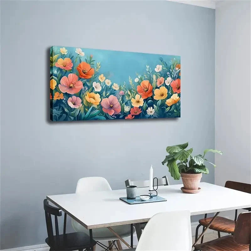 Vibrant Floral Design with Deep Wall Art Canvas Office Home Room Framed 120x60cm