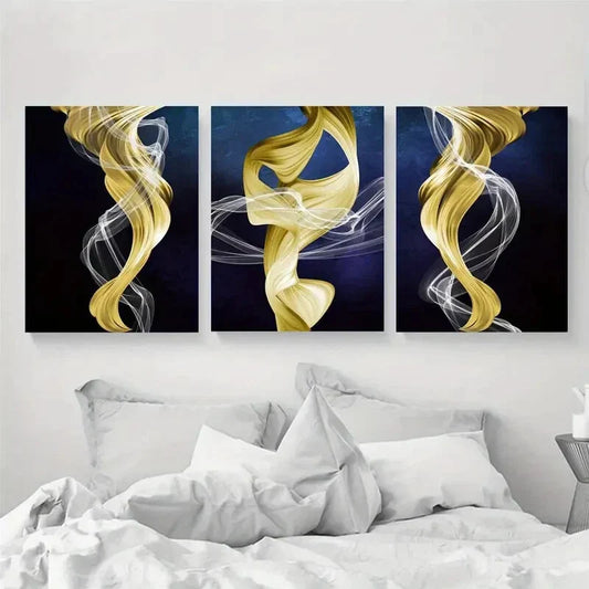 3pcs Abstract Yellow Ribbon Smoke Metal Print Ready to Hang Art