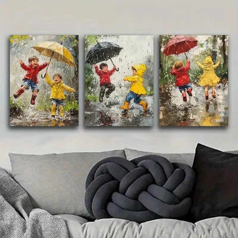 3pcs 2 kids playing in the rain  Metal Print Ready to Hang Art