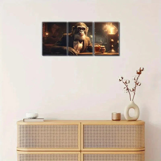 3pcs Elegant Monkey in Suit with Whiskey Art Metal Print Ready to Hang Art
