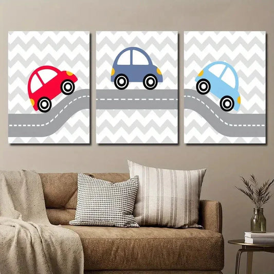 3pcs Cartoon Car Creative Transportation Metal Print Ready to Hang Art