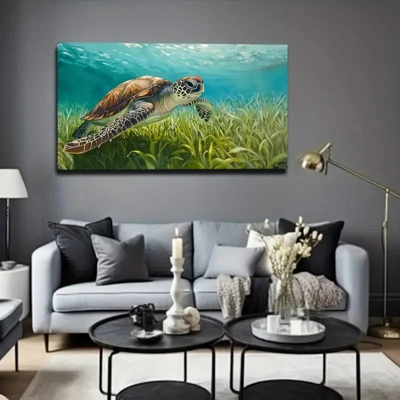 Vibrant Sea Turtle In Seagrass Wall Art Canvas Office Home Room Framed 120x60cm