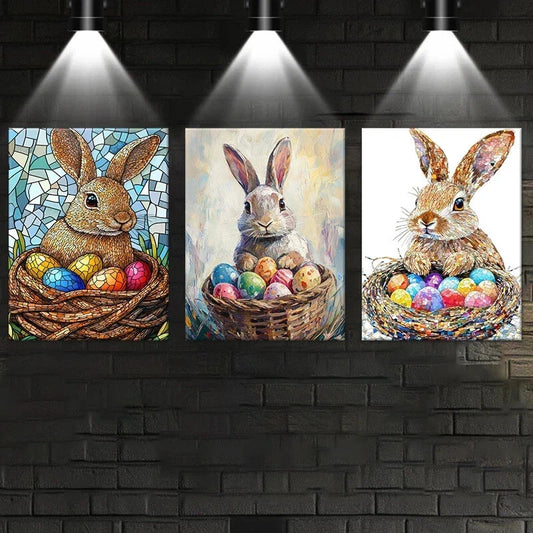 3pcs Spring Scene Bunnies Elegant Eggs Playful Metal Print Ready to Hang Art