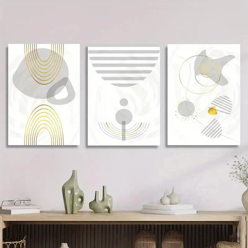 3pcs   Retro Golden Lines Gray and Golden Abstract  Metal Print Ready to Hang Art