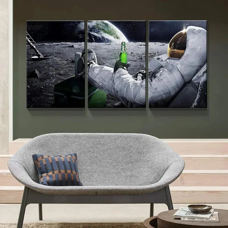 3pcs Astronaut Beer on Moon Metal Print Ready to Hang Art