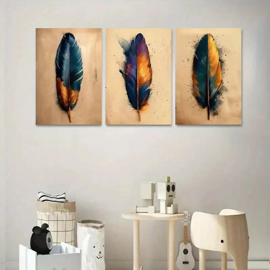 3pcs Feathers Painting Metal Print Ready to Hang Art