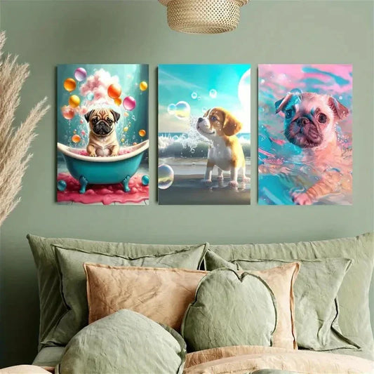 3pcs The Dog is Swimming Metal Print Ready to Hang Art